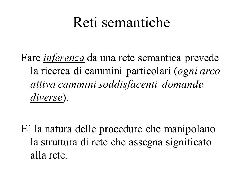 Reti semantiche Fare inferenza da una rete semantica prevede la ricerca di cammini particolari (ogni arco attiva cammini soddisfacenti domande diverse).