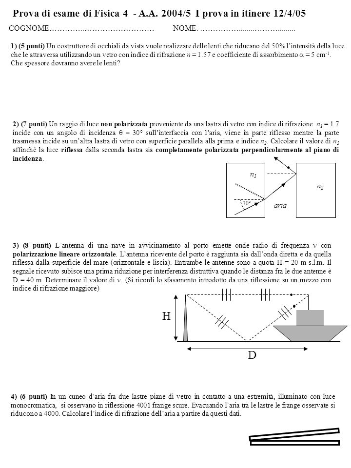 Prova di esame di Fisica 4 - A.A. 2004/5 I prova in itinere 12/4/05 COGNOME…………..……………………… NOME.