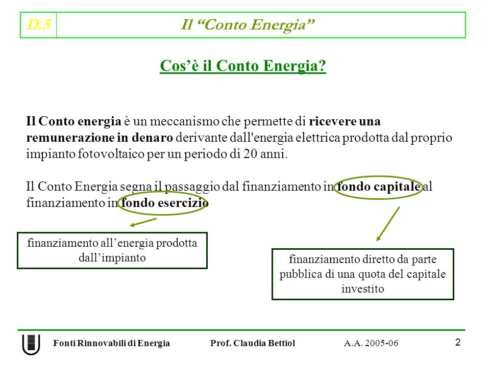 D.5 Il Conto Energia 2 Fonti Rinnovabili di Energia Prof.