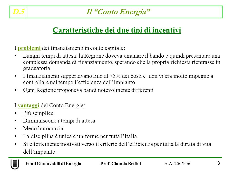 D.5 Il Conto Energia 3 Fonti Rinnovabili di Energia Prof.
