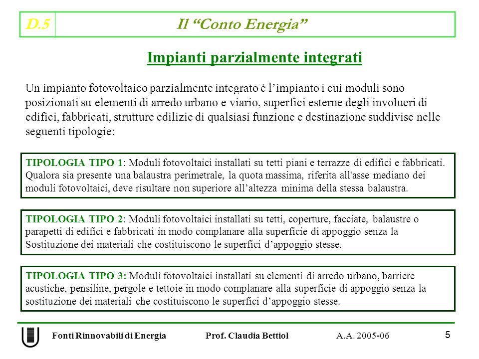 D.5 Il Conto Energia 5 Fonti Rinnovabili di Energia Prof.
