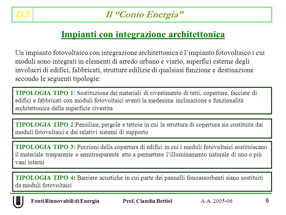 D.5 Il Conto Energia 6 Fonti Rinnovabili di Energia Prof.