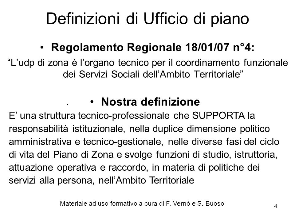 4 Definizioni di Ufficio di piano Regolamento Regionale 18/01/07 n°4: Ludp di zona è lorgano tecnico per il coordinamento funzionale dei Servizi Sociali dellAmbito Territoriale.