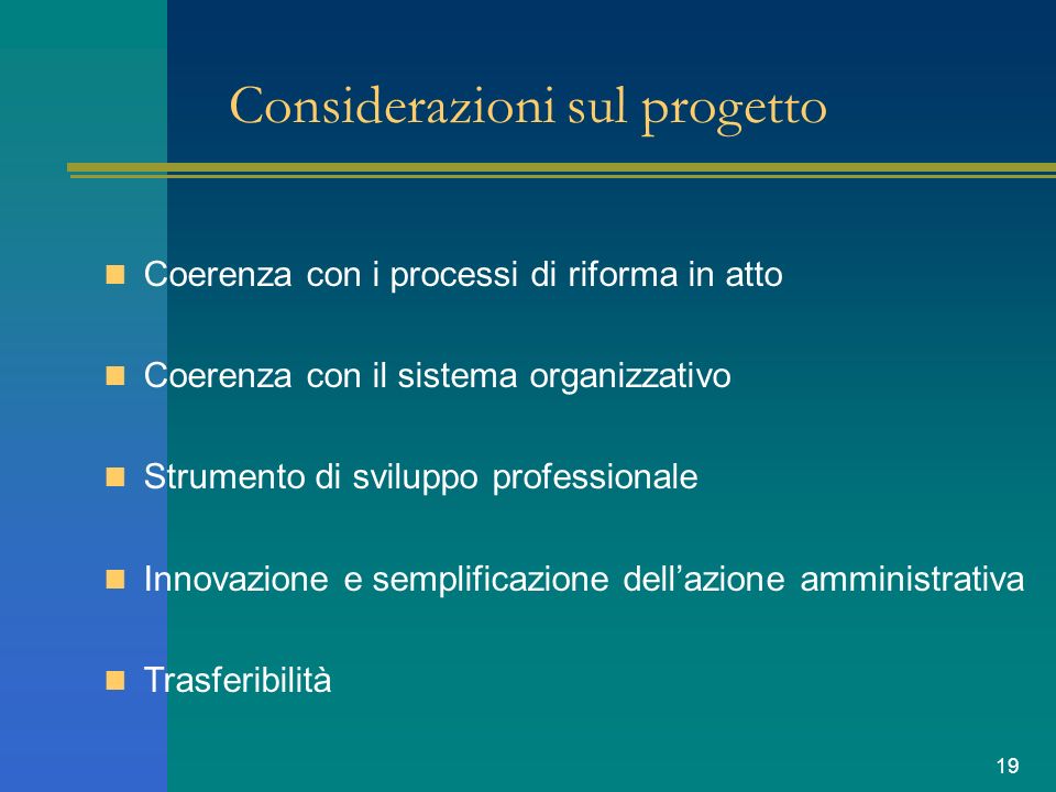 19 Considerazioni sul progetto Coerenza con i processi di riforma in atto Coerenza con il sistema organizzativo Strumento di sviluppo professionale Innovazione e semplificazione dellazione amministrativa Trasferibilità