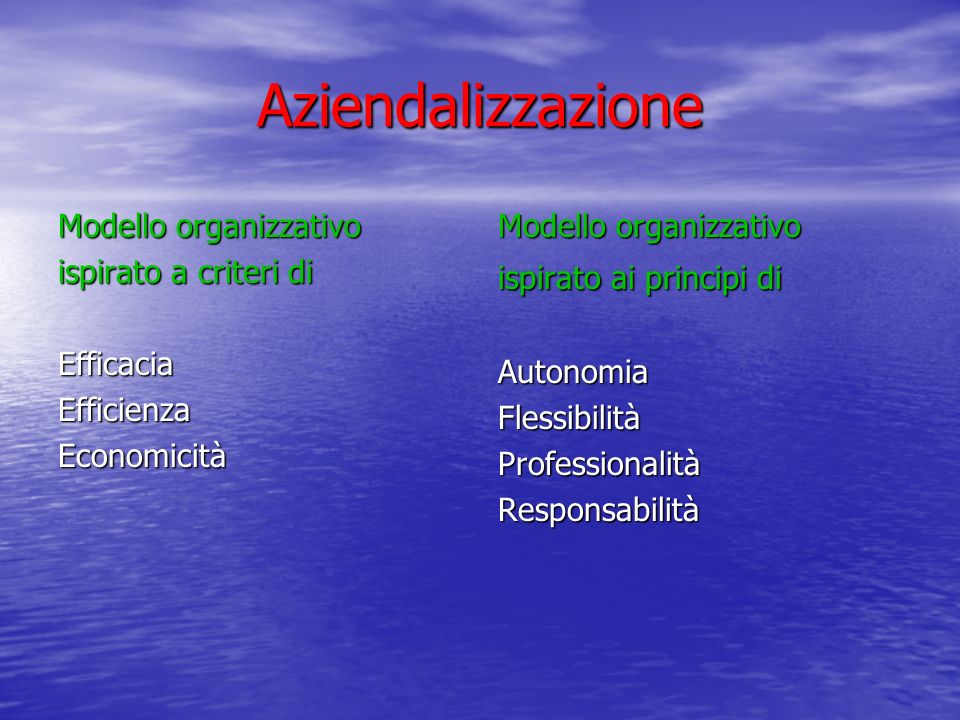 Aziendalizzazione Modello organizzativo ispirato a criteri di EfficaciaEfficienzaEconomicità Modello organizzativo ispirato ai principi di AutonomiaFlessibilitàProfessionalitàResponsabilità