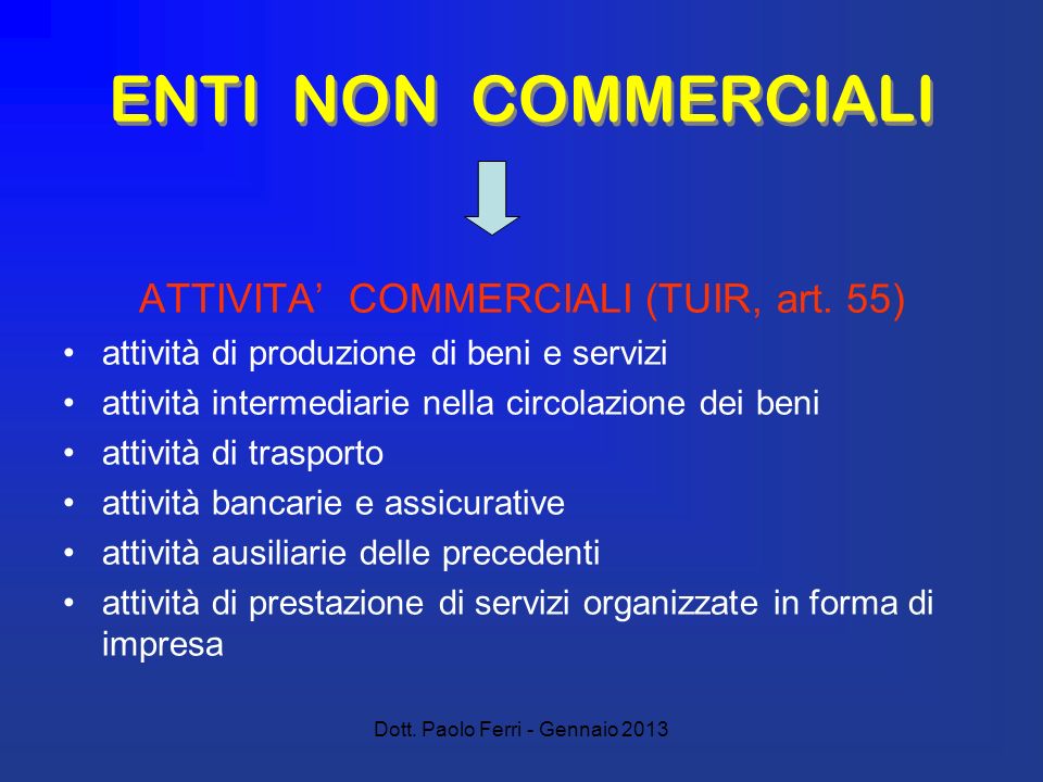 Dott. Paolo Ferri - Gennaio 2013 ENTI NON COMMERCIALI ATTIVITA COMMERCIALI (TUIR, art.