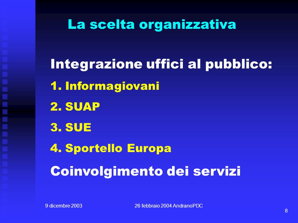 9 dicembre febbraio 2004 AndranoPDC 8 La scelta organizzativa Integrazione uffici al pubblico: 1.Informagiovani 2.SUAP 3.SUE 4.Sportello Europa Coinvolgimento dei servizi