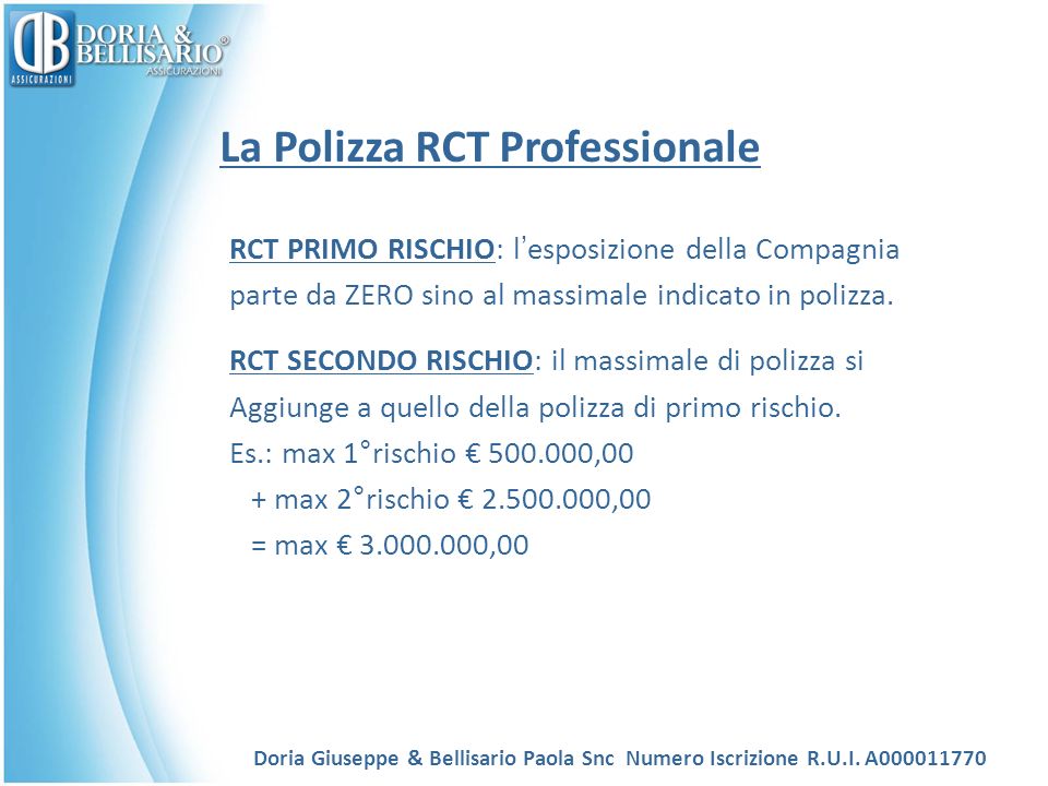 La Polizza RCT Professionale RCT PRIMO RISCHIO: l esposizione della Compagnia parte da ZERO sino al massimale indicato in polizza.