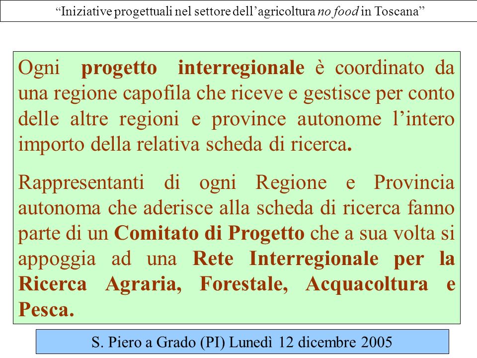 Iniziative progettuali nel settore dellagricoltura no food in Toscana Ogni progetto interregionale è coordinato da una regione capofila che riceve e gestisce per conto delle altre regioni e province autonome lintero importo della relativa scheda di ricerca.