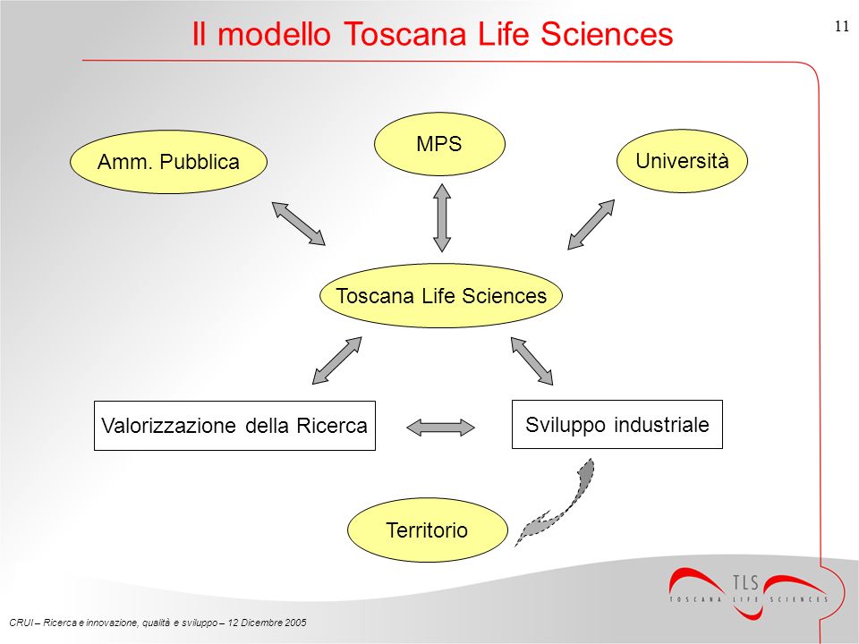 CRUI – Ricerca e innovazione, qualità e sviluppo – 12 Dicembre Il modello Toscana Life Sciences Toscana Life Sciences Università Amm.