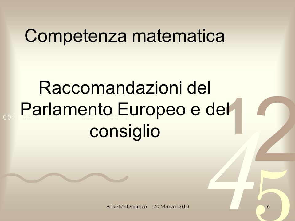 Asse Matematico 29 Marzo Competenza matematica Raccomandazioni del Parlamento Europeo e del consiglio
