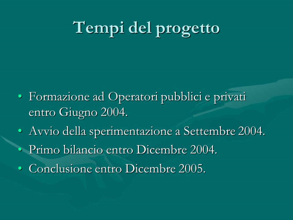 Tempi del progetto Formazione ad Operatori pubblici e privati entro Giugno 2004.Formazione ad Operatori pubblici e privati entro Giugno 2004.