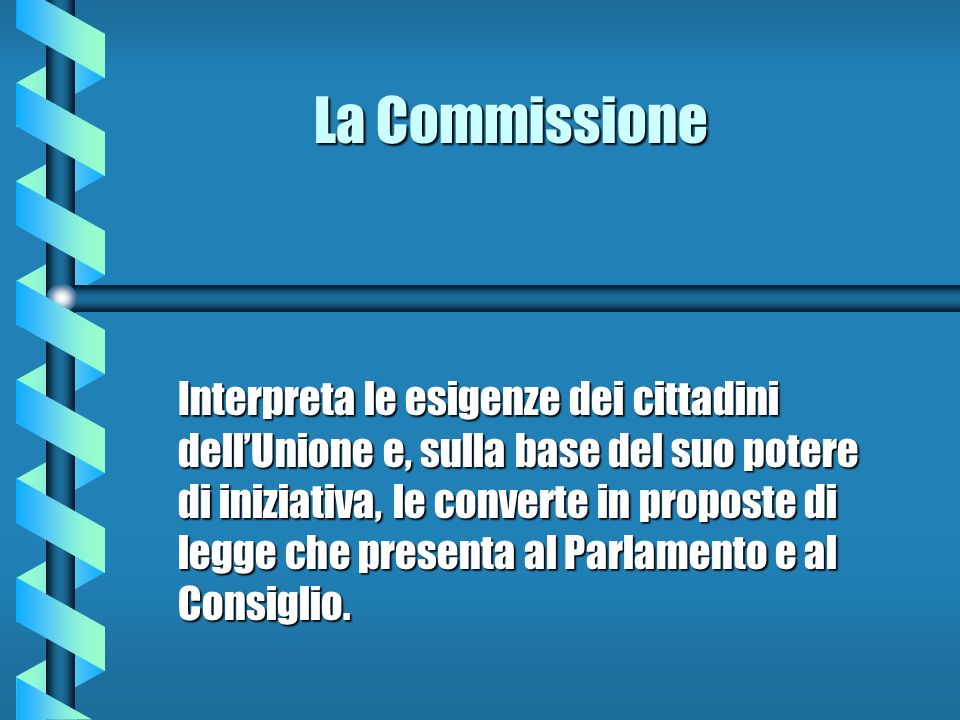La Commissione Interpreta le esigenze dei cittadini dellUnione e, sulla base del suo potere di iniziativa, le converte in proposte di legge che presenta al Parlamento e al Consiglio.