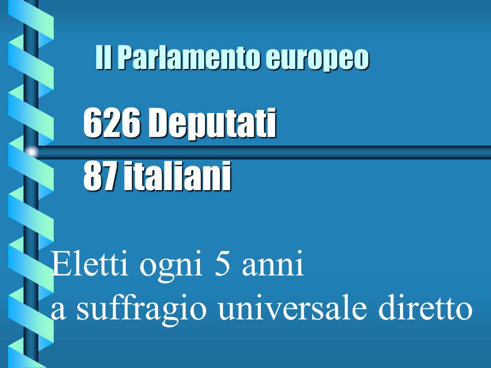 Il Parlamento europeo 626 Deputati 87 italiani Eletti ogni 5 anni a suffragio universale diretto