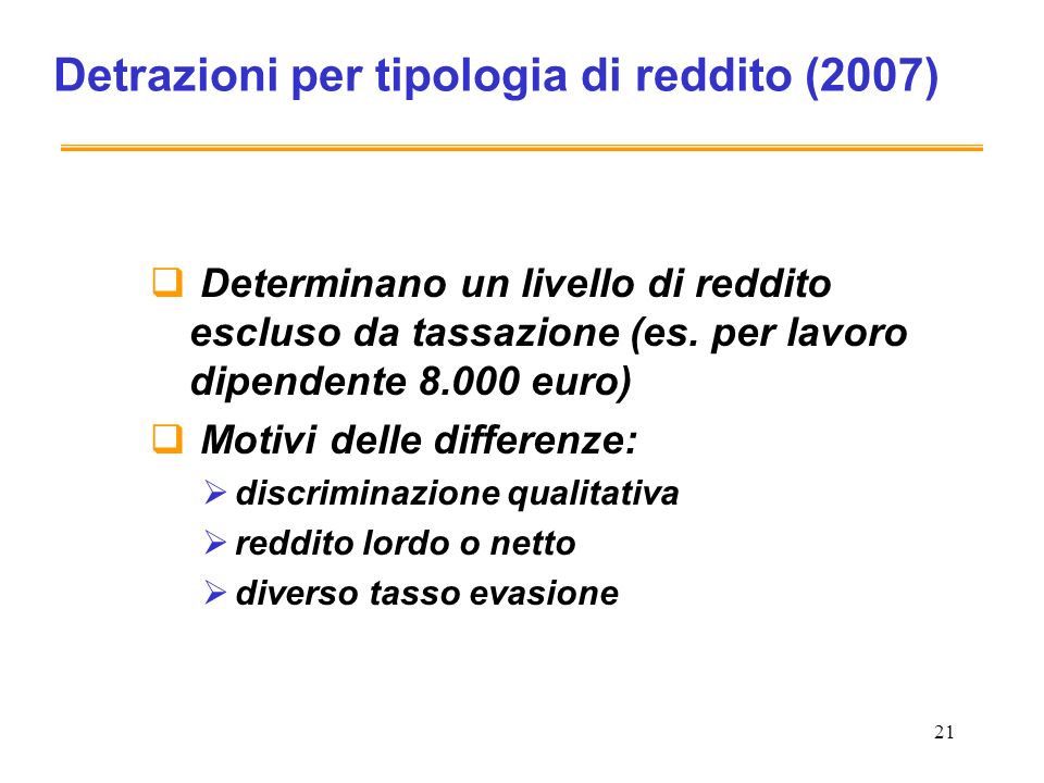 21 Detrazioni per tipologia di reddito (2007) Determinano un livello di reddito escluso da tassazione (es.