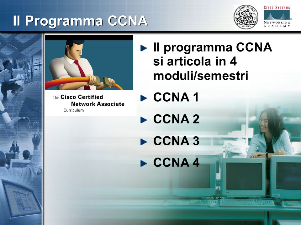 888 Il Programma CCNA Il programma CCNA si articola in 4 moduli/semestri CCNA 1 CCNA 2 CCNA 3 CCNA 4