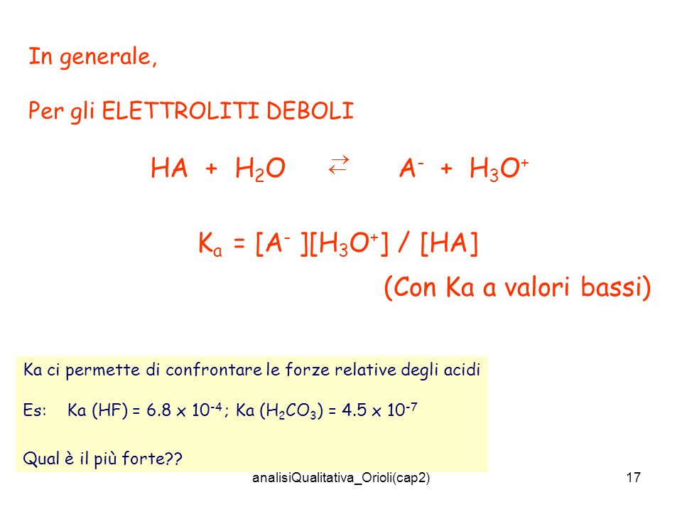 analisiQualitativa_Orioli(cap2)17 In generale, Per gli ELETTROLITI DEBOLI HA + H 2 O A - + H 3 O + K a = [A - ][H 3 O + ] / [HA] (Con Ka a valori bassi) Ka ci permette di confrontare le forze relative degli acidi Es: Ka (HF) = 6.8 x ; Ka (H 2 CO 3 ) = 4.5 x Qual è il più forte