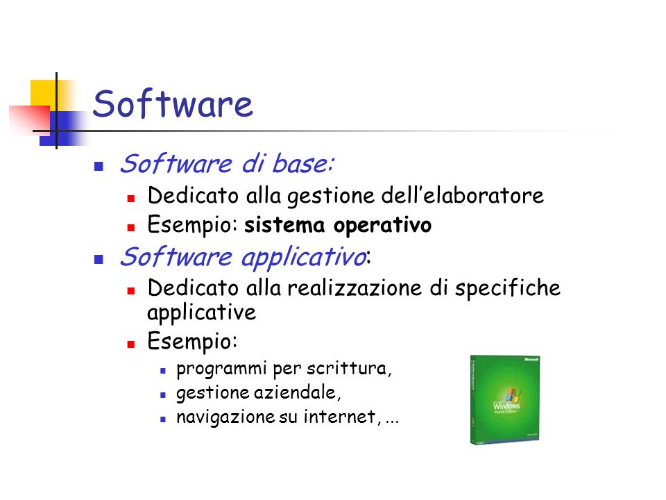 Software Software di base: Dedicato alla gestione dellelaboratore Esempio: sistema operativo Software applicativo: Dedicato alla realizzazione di specifiche applicative Esempio: programmi per scrittura, gestione aziendale, navigazione su internet,...