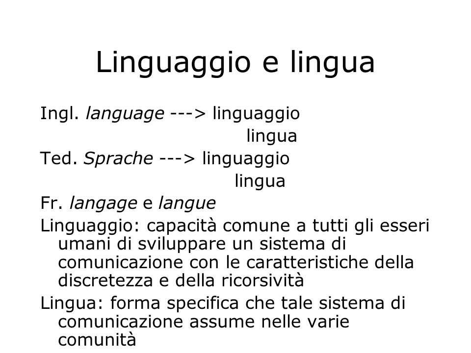 Linguaggio e lingua Ingl. language ---> linguaggio lingua Ted.