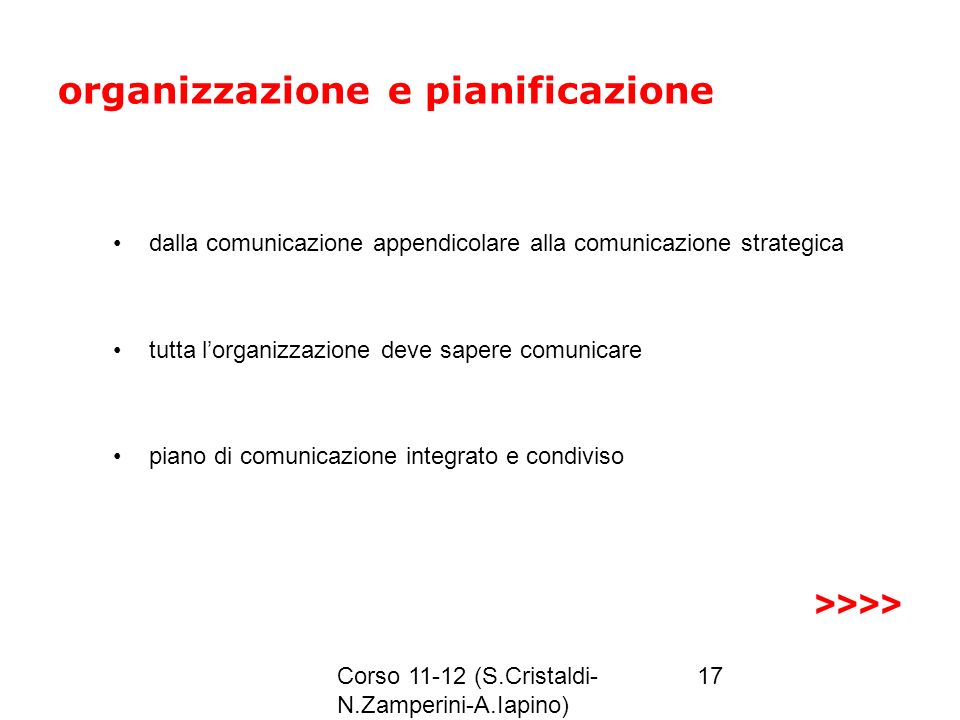 Corso (S.Cristaldi- N.Zamperini-A.Iapino) 17 organizzazione e pianificazione dalla comunicazione appendicolare alla comunicazione strategica tutta lorganizzazione deve sapere comunicare piano di comunicazione integrato e condiviso >>>>