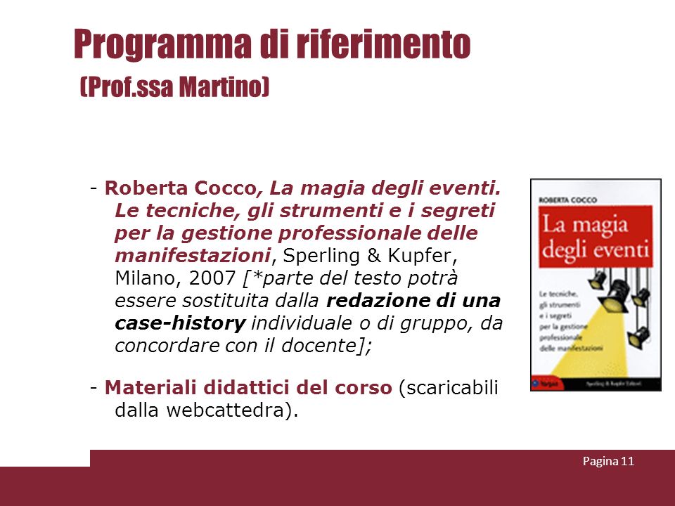 Programma di riferimento (Prof.ssa Martino) - Roberta Cocco, La magia degli eventi.