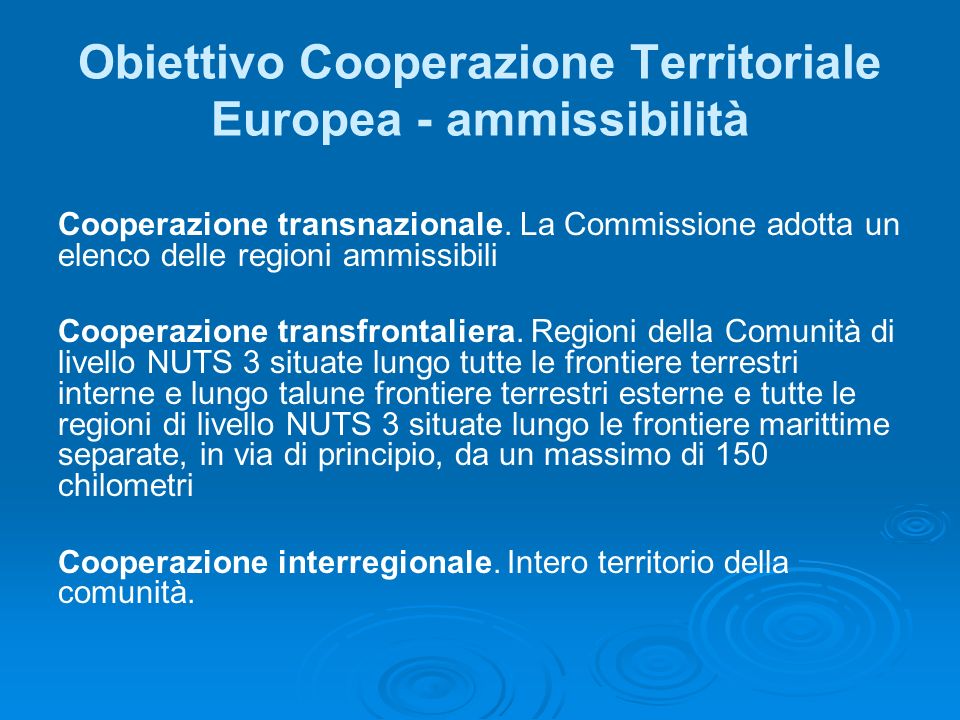 Obiettivo Cooperazione Territoriale Europea - ammissibilità Cooperazione transnazionale.