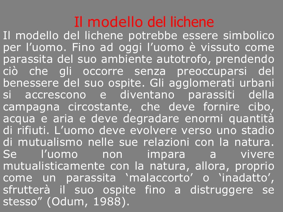 Il modello del lichene Il modello del lichene potrebbe essere simbolico per luomo.