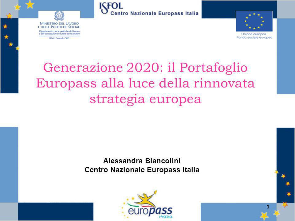 1 Generazione 2020: il Portafoglio Europass alla luce della rinnovata strategia europea Alessandra Biancolini Centro Nazionale Europass Italia