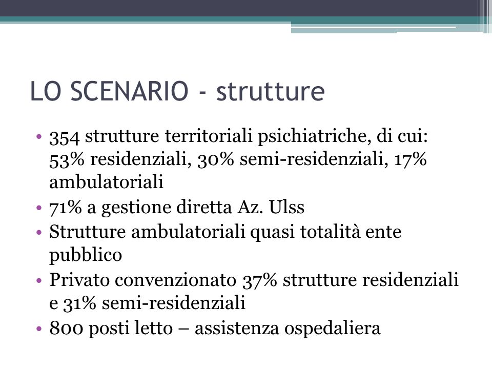 LO SCENARIO - strutture 354 strutture territoriali psichiatriche, di cui: 53% residenziali, 30% semi-residenziali, 17% ambulatoriali 71% a gestione diretta Az.