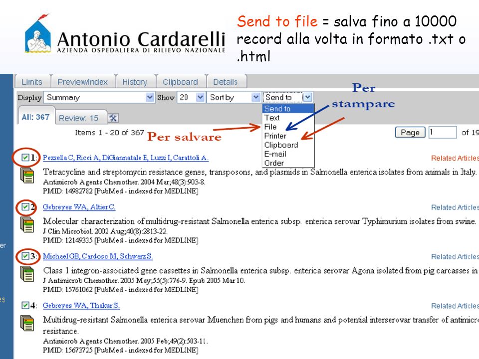 Send to file = salva fino a record alla volta in formato.txt o.html
