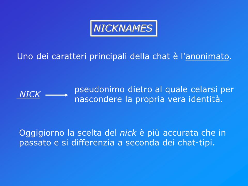 NICKNAMES Uno dei caratteri principali della chat è lanonimato.