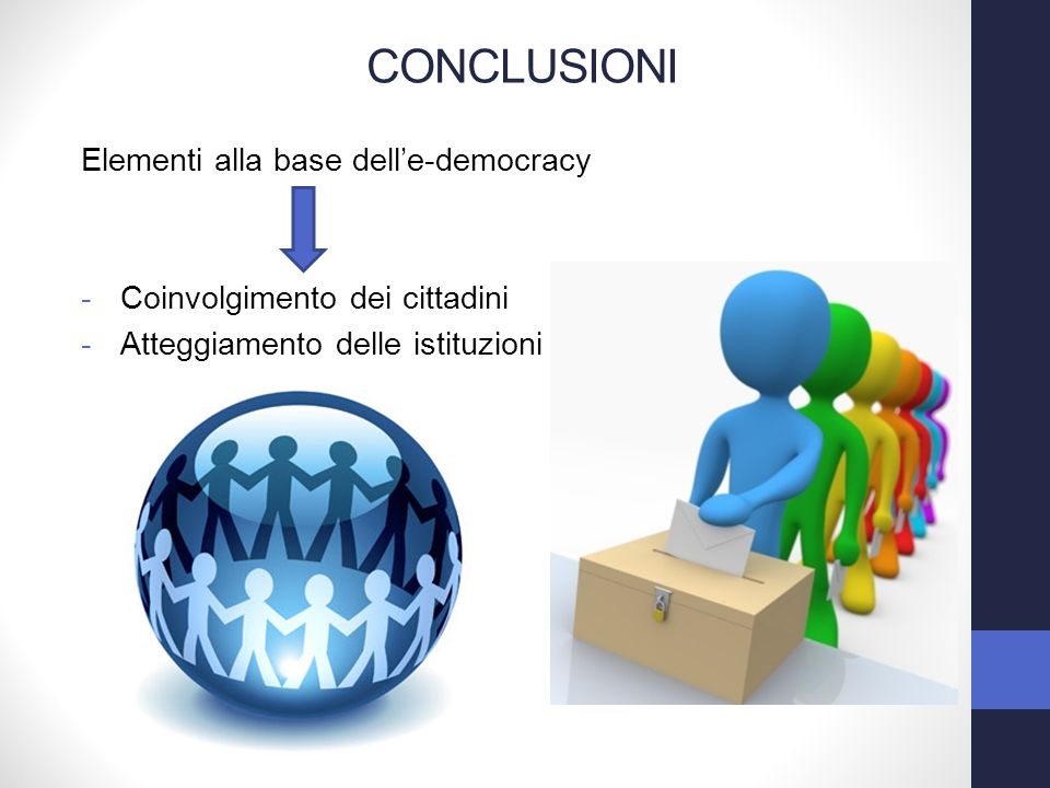 Elementi alla base delle-democracy -Coinvolgimento dei cittadini -Atteggiamento delle istituzioni CONCLUSIONI
