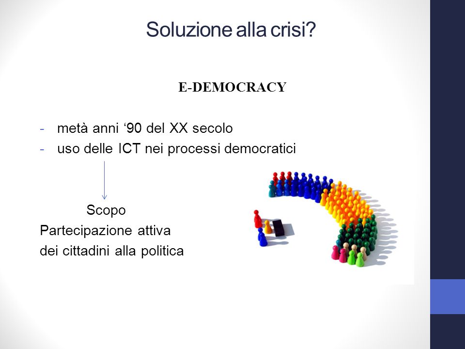 E-DEMOCRACY -metà anni 90 del XX secolo -uso delle ICT nei processi democratici Scopo Partecipazione attiva dei cittadini alla politica Soluzione alla crisi