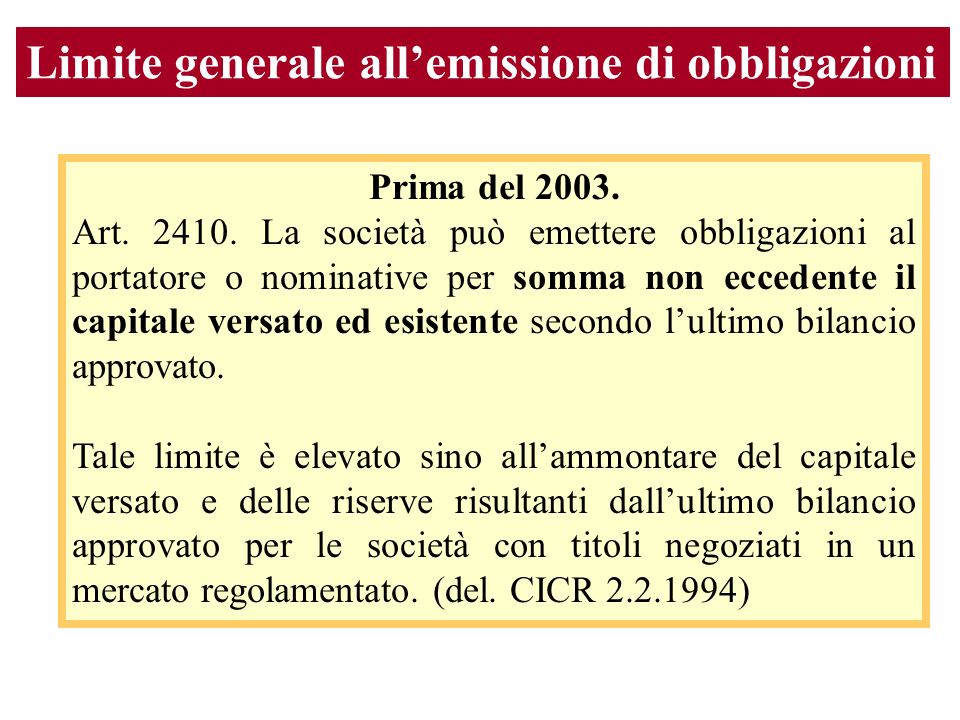 Limite generale allemissione di obbligazioni Prima del 2003.