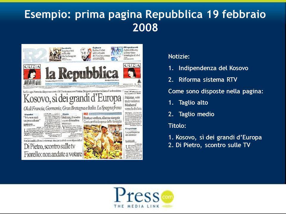 Esempio: prima pagina Repubblica 19 febbraio 2008 Notizie: 1.Indipendenza del Kosovo 2.Riforma sistema RTV Come sono disposte nella pagina: 1.Taglio alto 2.Taglio medio Titolo: 1.
