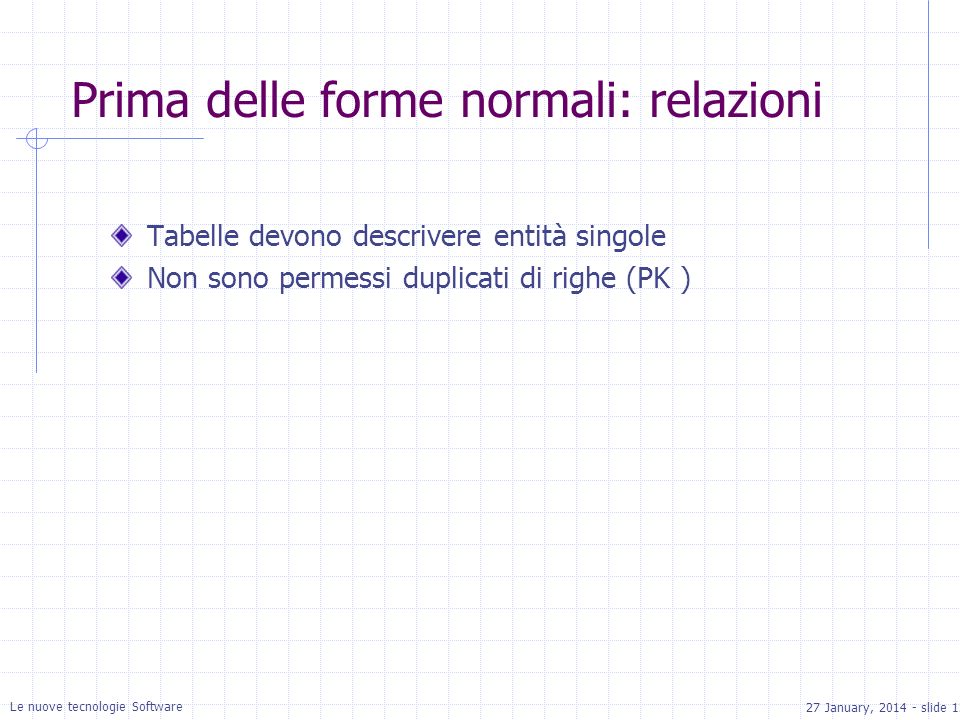 27 January, slide 12 Le nuove tecnologie Software Prima delle forme normali: relazioni Tabelle devono descrivere entità singole Non sono permessi duplicati di righe (PK )