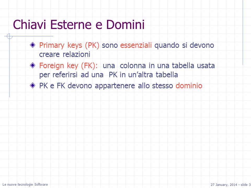 27 January, slide 3 Le nuove tecnologie Software Chiavi Esterne e Domini Primary keys (PK) sono essenziali quando si devono creare relazioni Foreign key (FK): una colonna in una tabella usata per referirsi ad una PK in unaltra tabella PK e FK devono appartenere allo stesso dominio
