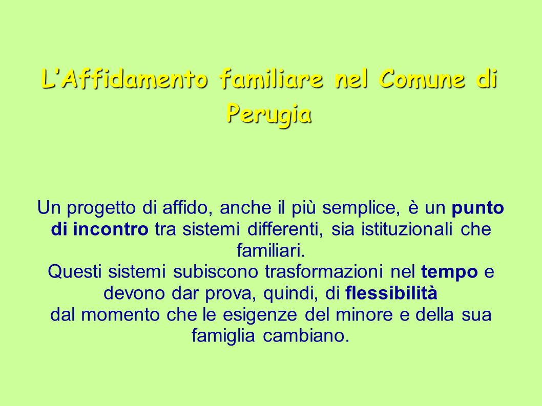 LAffidamento familiare nel Comune di Perugia Un progetto di affido, anche il più semplice, è un punto di incontro tra sistemi differenti, sia istituzionali che familiari.