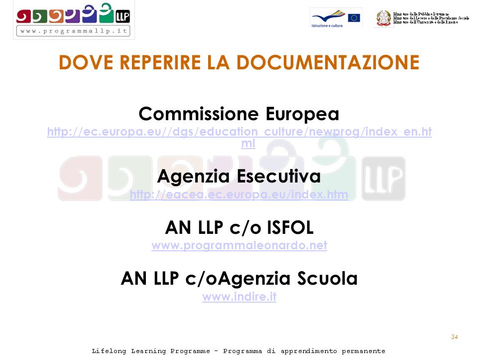 34 DOVE REPERIRE LA DOCUMENTAZIONE Commissione Europea   ml Agenzia Esecutiva   AN LLP c/o ISFOL   AN LLP c/oAgenzia Scuola