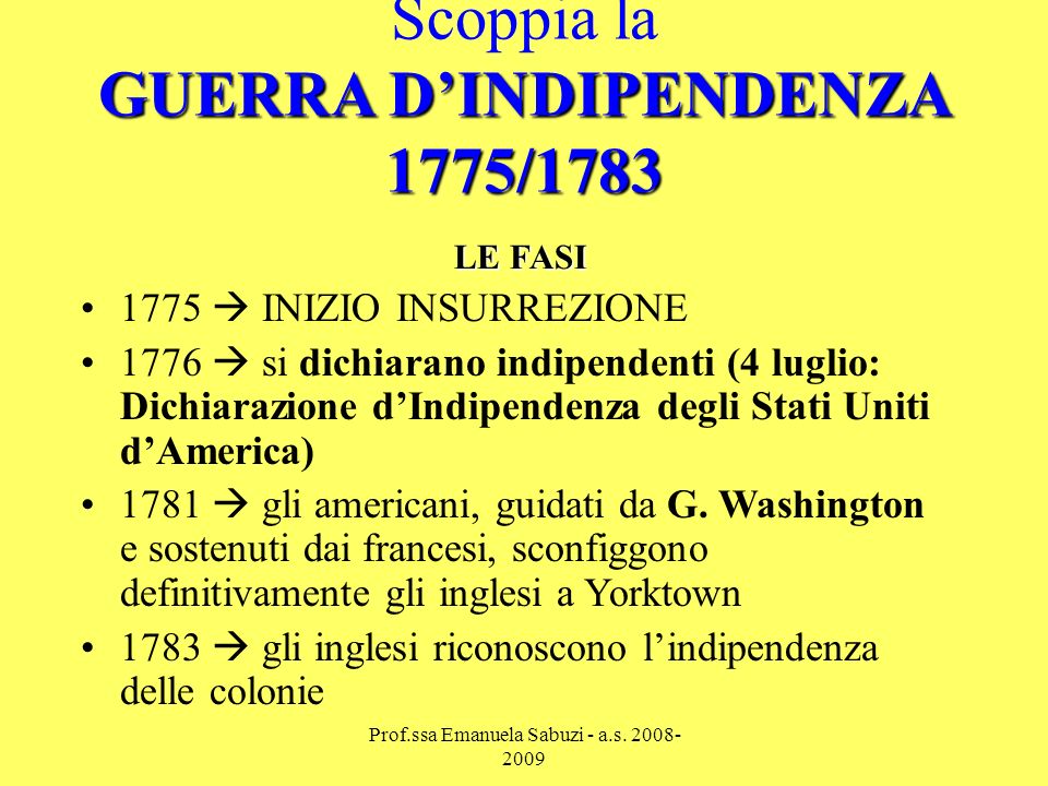 GUERRA DINDIPENDENZA 1775/1783 Scoppia la GUERRA DINDIPENDENZA 1775/ INIZIO INSURREZIONE 1776 si dichiarano indipendenti (4 luglio: Dichiarazione dIndipendenza degli Stati Uniti dAmerica) 1781 gli americani, guidati da G.