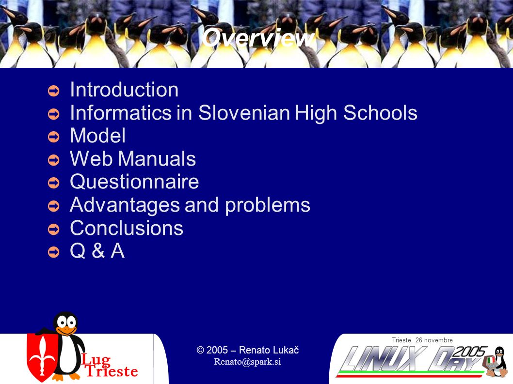 Trieste, 26 novembre © 2005 – Renato Lukač Overview Introduction Informatics in Slovenian High Schools Model Web Manuals Questionnaire Advantages and problems Conclusions Q & A