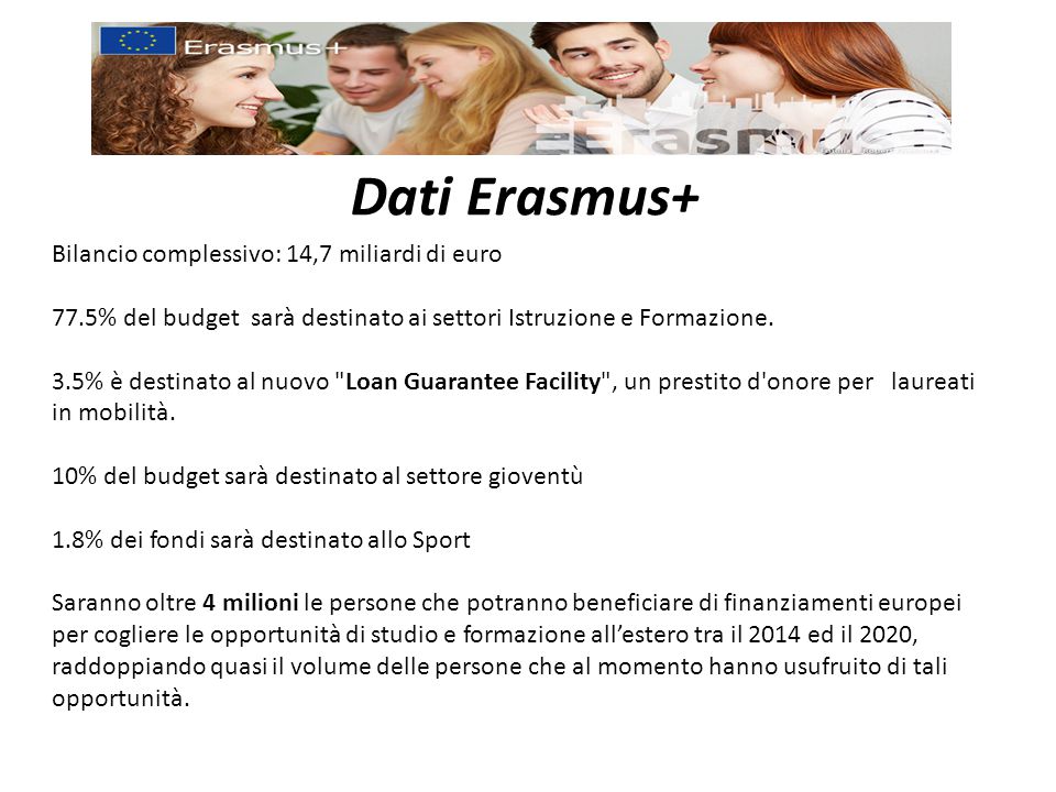Dati Erasmus+ Bilancio complessivo: 14,7 miliardi di euro 77.5% del budget sarà destinato ai settori Istruzione e Formazione.