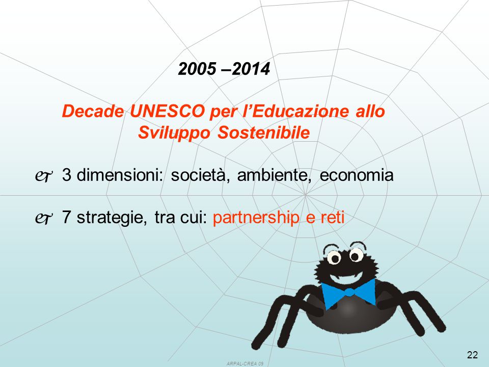 ARPAL-CREA –2014 Decade UNESCO per l’Educazione allo Sviluppo Sostenibile j 3 dimensioni: società, ambiente, economia j 7 strategie, tra cui: partnership e reti