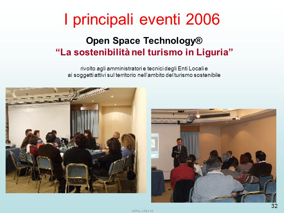 ARPAL-CREA I principali eventi 2006 Open Space Technology® La sostenibilità nel turismo in Liguria rivolto agli amministratori e tecnici degli Enti Locali e ai soggetti attivi sul territorio nell’ambito del turismo sostenibile