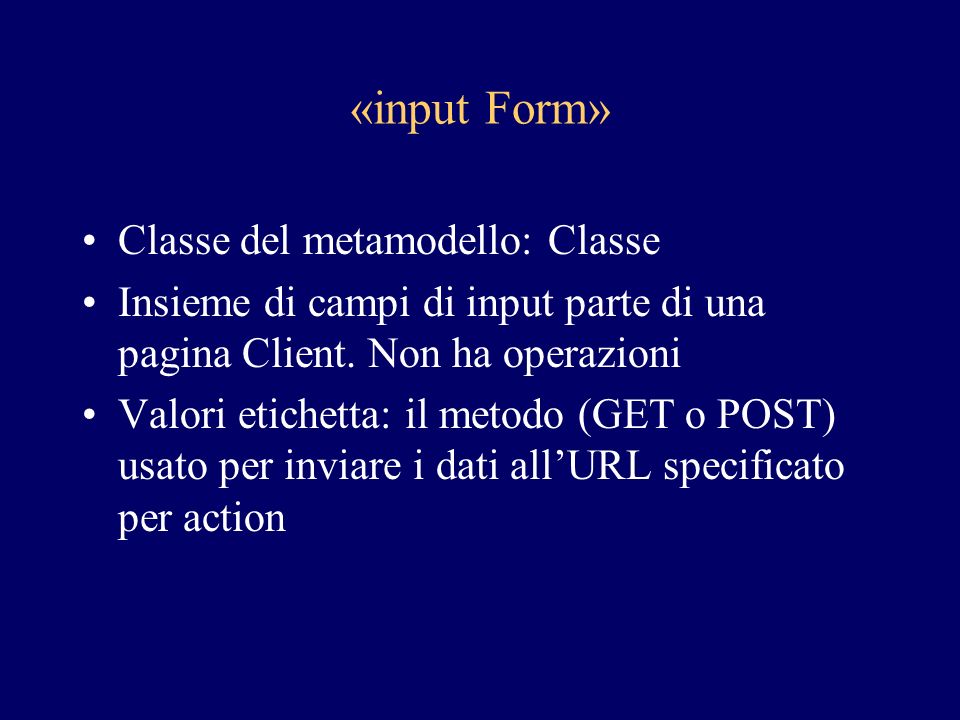 «input Form» Classe del metamodello: Classe Insieme di campi di input parte di una pagina Client.
