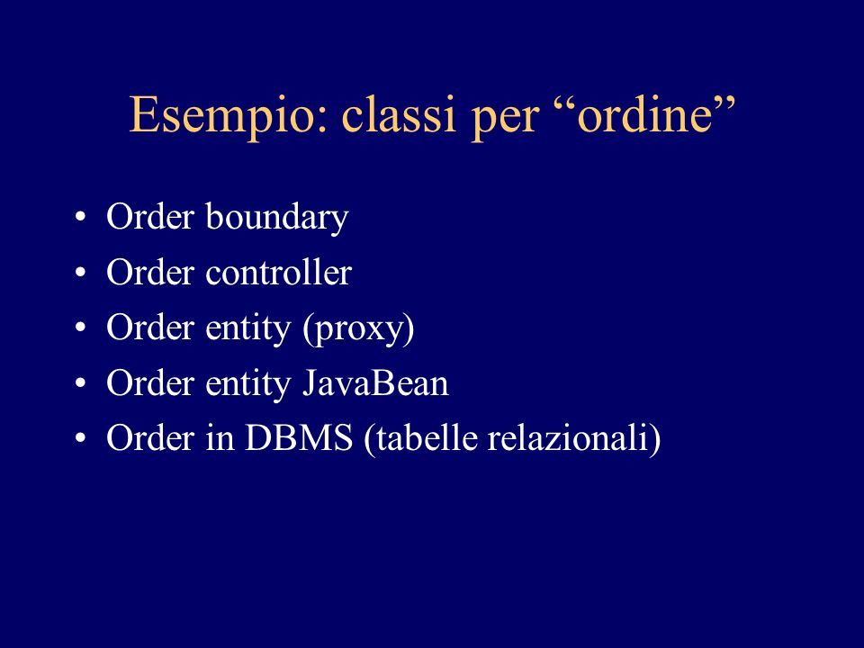 Esempio: classi per ordine Order boundary Order controller Order entity (proxy) Order entity JavaBean Order in DBMS (tabelle relazionali)