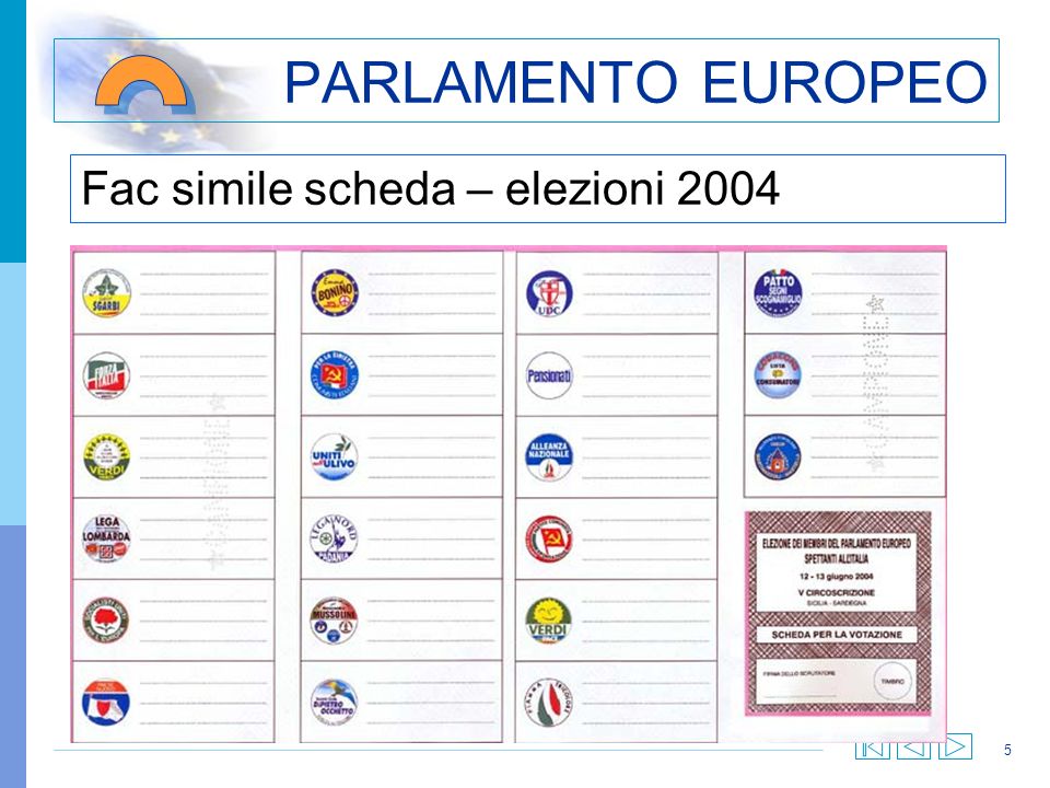 5 PARLAMENTO EUROPEO Fac simile scheda – elezioni 2004