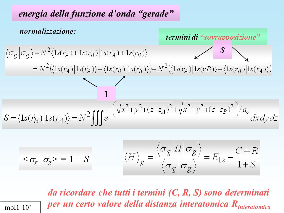energia della funzione donda gerade mol1-10 normalizzazione: = 1 + S termini di sovrapposizione S 1 da ricordare che tutti i termini (C, R, S) sono determinati per un certo valore della distanza interatomica R interatomica