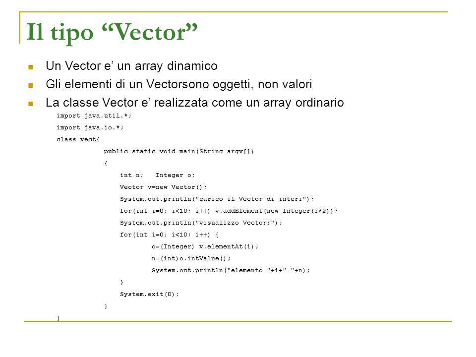 Il tipo Vector Un Vector e un array dinamico Gli elementi di un Vectorsono oggetti, non valori La classe Vector e realizzata come un array ordinario import java.util.*; import java.io.*; class vect{ public static void main(String argv[]) { int n; Integer o; Vector v=new Vector(); System.out.println( carico il Vector di interi ); for(int i=0; i<10; i++) v.addElement(new Integer(i*2)); System.out.println( visualizzo Vector: ); for(int i=0; i<10; i++) { o=(Integer) v.elementAt(i); n=(int)o.intValue(); System.out.println( elemento +i+ = +n); } System.exit(0); }