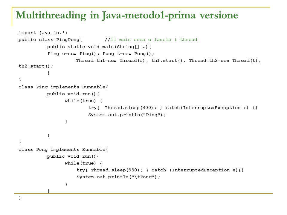 Multithreading in Java-metodo1-prima versione import java.io.*; public class PingPong{//il main crea e lancia i thread public static void main(String[] a){ Ping c=new Ping(); Pong t=new Pong(); Thread th1=new Thread(c); th1.start(); Thread th2=new Thread(t); th2.start(); } class Ping implements Runnable{ public void run(){ while(true) { try{Thread.sleep(800); } catch(InterruptedException e) {} System.out.println( Ping ); } } class Pong implements Runnable{ public void run(){ while(true) { try{ Thread.sleep(990); } catch (InterruptedException e){} System.out.println( \tPong ); }